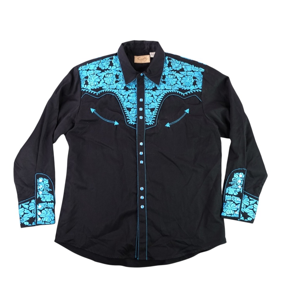 Scully Gunfighter Western Shirt Mens XL Black Turquoise Embroidered Pearl Snap